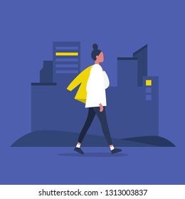 Young modern female character walking with jacket over shoulder. Lifestyle. Big city life. Flat editable vector illustration, clip art