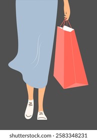 A young modern girl goes shopping. Fashion and beauty. In the hand a package from the store. Vector cartoon illustration