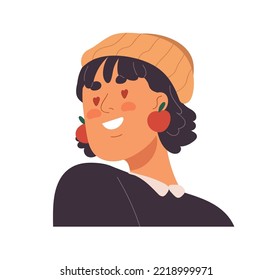 Young modern girl looking with love, heart eyes. Happy woman in knotted hat and trendy earrings. Female blushing with smiling face expression. Flat vector illustration isolated on white background