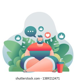 Young modern guy downshifter sits on the beach with a laptop on the background of palm trees. Vector illustration.