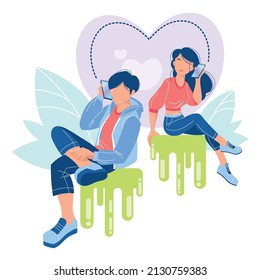 Young modern guy and girl are sitting and having a romantic conversation on the phone at a distance.