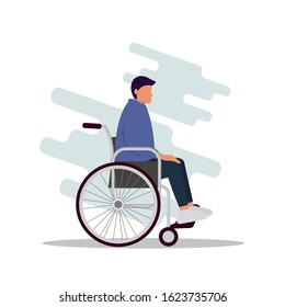 Young modern guy is sitting in a wheelchair. Vector illustration in flat cartoon style. Young disabled male character sitting in a wheelchair. Disability. Daily life. Flat editable vector illustration