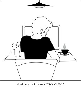 Young modern guy working on laptop at home or office. Black and white vector in simple style or hand drawing .. Technic man character flat illustration.
