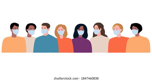
Young modern guys and girls in masks for different purposes. Friendly conversation. Flat vector. Men and women in seasonal sportswear wearing medical masks. A business meeting. Students talk 