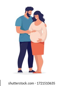 Young modern happy family is expecting a baby. A man hugs a pregnant wife. A pregnant girl and a young father are standing. Flat cartoon vector illustration for design