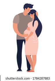 Young modern happy family is expecting a baby. A man hugs a pregnant wife. A pregnant girl and a young father are standing. Flat cartoon vector illustration for design