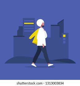 Young modern indian character walking with jacket over shoulder. Lifestyle. Big city life. Flat editable vector illustration, clip art