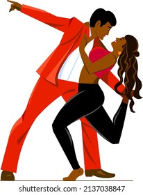 Young modern indian couple dancing. Guy in bright suit beautiful girl with long black hair vector illustration