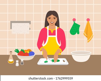 Young Modern Indian Woman Cuts Fresh Vegetables For Salad Or Ragout In The Kitchen. Flat Vector Cartoon Illustration. Mom Cooks Dinner For Family. Cooking At Home. Preparing Vegetarian Diet Meal