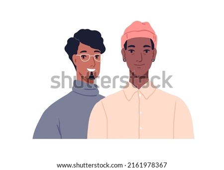 Young modern love couple of men, face portrait. Happy male friends smiling. Two homosexual guys. Positive friendly LGBT people together. Flat vector illustration isolated on white background