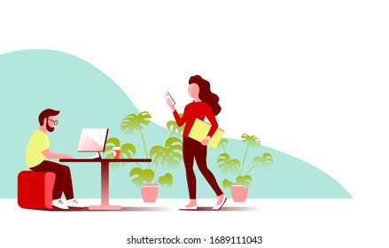 Young modern man with a beard works at the computer in the office. The girl goes with the phone and documents. Vector illustration of people for business.