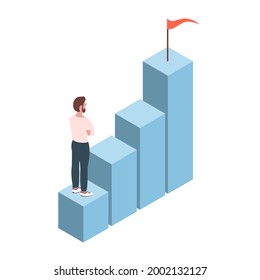 A young modern man is climbing the career ladder. Vector isolated illustration about business and success. Isometric style