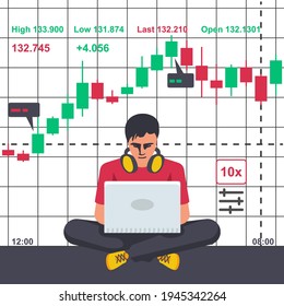 Young modern man with laptop trades on financial stock exchange. Tradings concept. Stock exchange. Forex market. Vector illustration flat design. 
