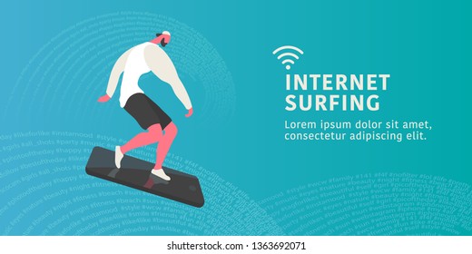 Young modern man on mobile phone as a surf board while internet surfing on abstract background flat style concept vector illustration 