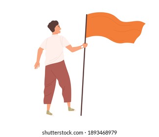 Young Modern Man Standing And Holding Waving Flag As Symbol Of Success And Leadership. Goal Achievement Concept. Colored Flat Vector Illustration Isolated On White Background