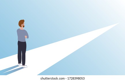 A Young Modern Man Stands On A Symbolic Road And Looks Forward. Reflects On The Chosen Path. Vector Illustration.