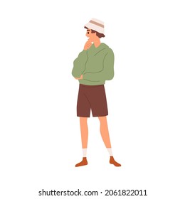 Young modern man in trendy casual clothes. Teenager wearing fashion panama hat, hoody and shorts. Summer outfit. Colored flat vector illustration isolated on white background