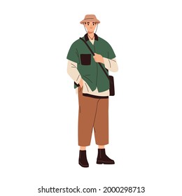 Young modern man wearing fashion casual clothes. Stylish guy in trendy hat, shirt, pants and boots. Male model with cross-body bag. Fashionable summer look. Flat vector illustration isolated on white