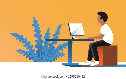 Young modern man work in the office at the computer. African American. Vector flat illustration banner.