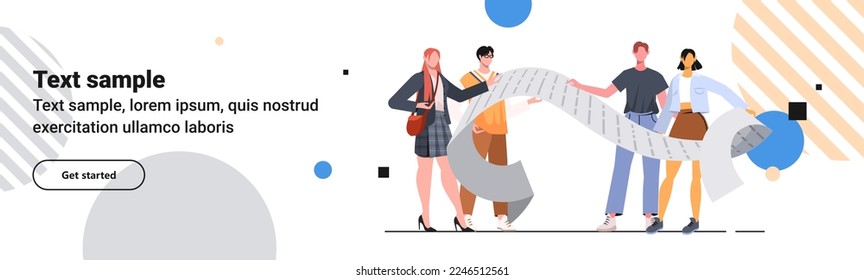 Young modern  men and women hold and check big checklist or task paper document or shopping list in big paper scroll. Time management, payment, shopping concept.