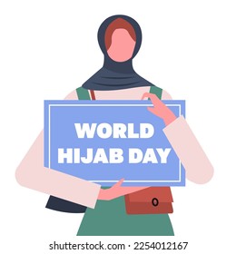 Young modern  Muslim Woman In Hijab holds a banner in her hands with the inscription World hijab day. Flat vector illustration isolated on white background.