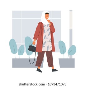 Young modern Muslim woman wearing trendy casual clothes and hijab. Stylish Arab female character in trousers and traditional headdress isolated on white background. Colored flat vector illustration