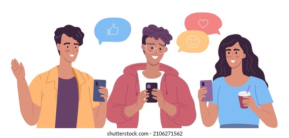 Young modern people communicate using mobile applications. Colorful characters illustration