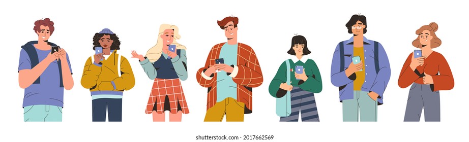 Young modern people looking on smartphones and chatting. Flat teenagers using mobile phone for communicate. Men and women holding gadgets in hands and typing messages. Online communication concept.