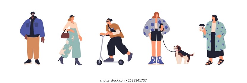 Young modern people outdoors set. Urban style men, women walking with dog, on scooter, drinking coffee on street. Fashion city characters. Flat vector illustration isolated on white background