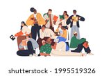 Young modern people reading books together. Crowd of readers. Group portrait of multiracial students with textbooks. Colored flat graphic vector illustration of bookworms isolated on white background