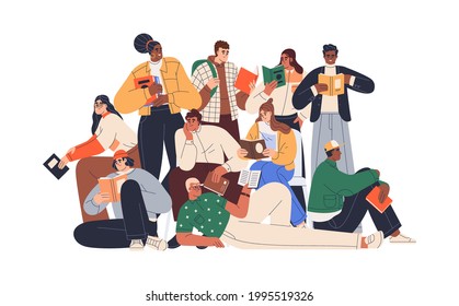 Young modern people reading books together. Crowd of readers. Group portrait of multiracial students with textbooks. Colored flat graphic vector illustration of bookworms isolated on white background