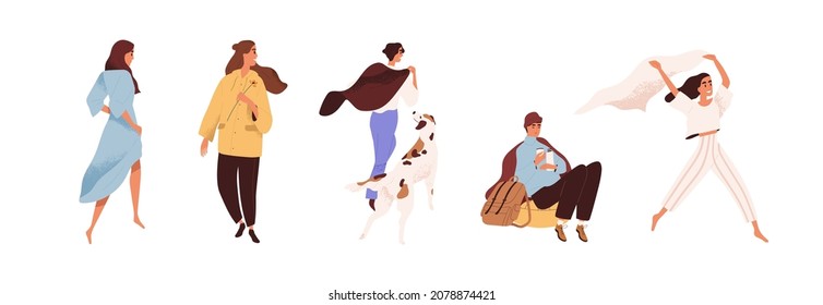 Young modern people set. Relaxed trendy men and women walking, going, strolling with dog and sitting with coffee. Happy candid youth in motion. Flat vector illustration isolated on white background