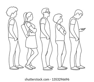 young modern people stand in line 