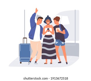 Young modern people taking selfie in airport. Happy friends with baggage talking by video call on smartphone before traveling. Flat vector illustration isolated on white background