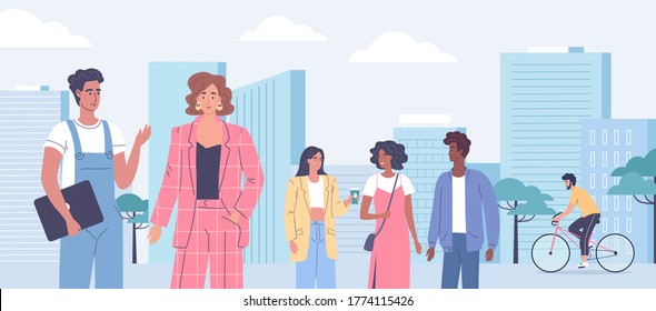 Young modern people walking on the city street cartoon vector illustration