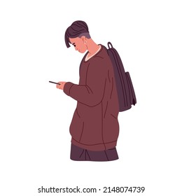 Young modern person using mobile phone, holding in hand and surfing social media, internet. Man student with smartphone, texting, reading. Flat vector illustration isolated on white background.