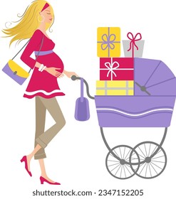 Young modern pretty blonde pregnant woman with a baby pram full of gifts illustration