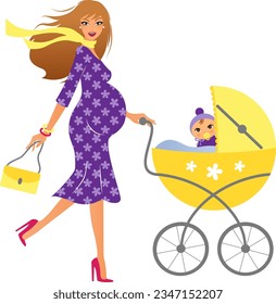 Young modern pretty european pregnant woman with a baby in a pram illustration