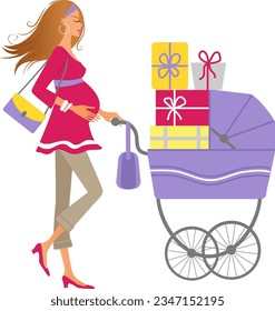 Young modern pretty pregnant woman with a baby pram full of gifts illustration