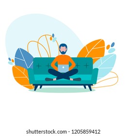 Young modern student freelancer, studying, working at home on the couch. Education, work online concept. Vector illustration.