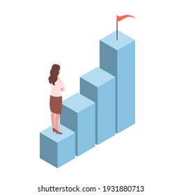 A Young Modern Woman Is Climbing The Career Ladder. Vector Isolated Illustration About Business And Success. Isometric Style