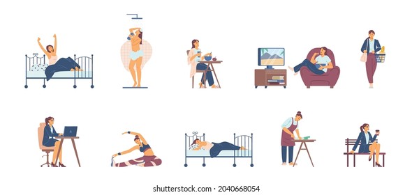 Young modern woman daily routine chores and activities, flat vector illustration isolated on white background. Woman engaged in daily leisure and housekeeping activity.