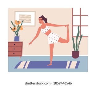 Young modern woman doing workout at home. Calm lady with closed eyes in yoga posture. Female performing aerobics exercise in the morning. Daily sport routine, activity. Flat vector illustration