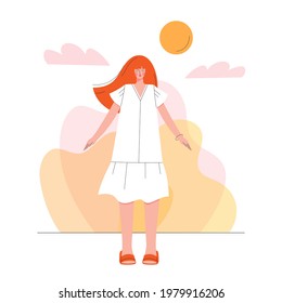 Young modern woman figure standing in the sun in white dress. Summer vacation concept. Hand drawn girl character colorful vector illustration.