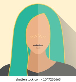 young modern woman flat material design icon. Teen girl or student with green blue aquamarine hairs 
