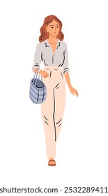 Young modern woman with a handbag. Summer clothes blouse and trousers. City lifestyle. Shopping, fashion and beauty. Flat vector illustration isolated on white background