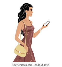 Young modern woman with a handbag. Summer clothes blouse and trousers. City lifestyle. Shopping, fashion and beauty. Flat vector illustration on white background