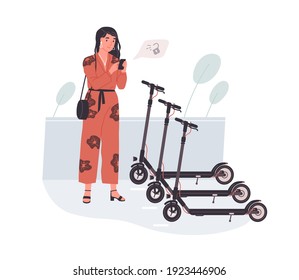 Young modern woman with mobile phone using electric scooter sharing service. Urban e-scooter rental. Colored flat vector illustration isolated on white background