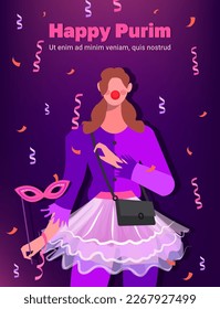 Young modern woman in a pink carnival costume holds a carnival mask in her hand celebrating Purim. Flat vector illustration on purple background.