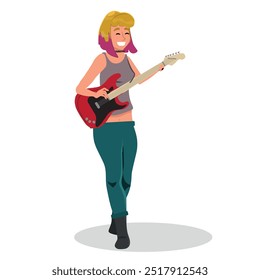 Young modern woman playing rock music on electric guitar. Happy smiling female guitarist. Rocker musician performing on string instrument. Flat vector illustration isolated on white background.